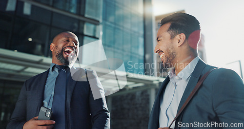 Image of City, laughing and walking with business men outdoor together on morning commute to corporate job. Collaboration, travel or funny with mentor and employee on sidewalk or street of urban town