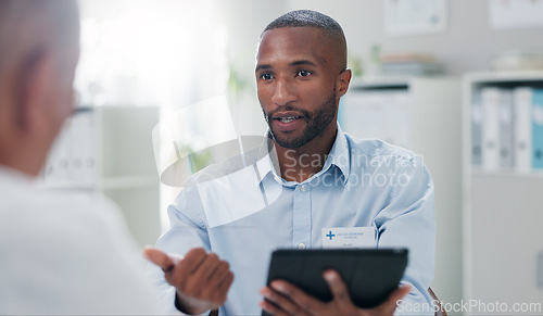 Image of Man, doctor and tablet with patient for consulting, diagnosis or steps in healthcare at hospital. Male person or medical employee talking or explaining with technology in consultation for checklist