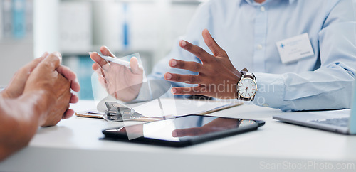 Image of Hands, doctor and patient with clipboard for results, insurance paperwork and tablet for healthcare. People, medic and checklist with pen in consultation, counselling or discussion in hospital office