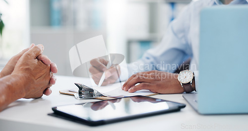 Image of Man, hands and doctor consulting patient with clipboard, documents or insurance for healthcare at hospital. Closeup of male person or medical employee in consultation, advice or help at clinic desk