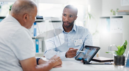 Image of Man, doctor and tablet with patient, brain scan or consultation for examination results at hospital. Male person, medical employee or nurse pointing to technology for MRI or x ray at neurology clinic