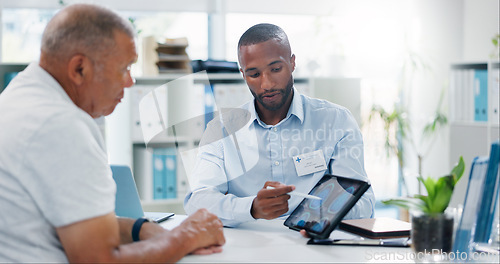 Image of Man, doctor and tablet with patient, brain scan or consultation for examination results at hospital. Male person, medical employee or nurse pointing to technology for MRI or x ray at neurology clinic