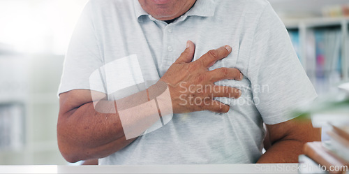 Image of Man, hands and chest pain with heart, illness or cancer in discomfort, emergency or healthcare at hospital. Closeup of male person or patient with sore body, ache or breathing problem at clinic
