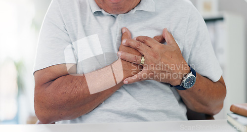 Image of Hands, chest pain and heart attack, old person and cardiovascular health with emergency and angina. Heartburn, hypertension or lung disease, sick with asthma or stroke in medical crisis from stress