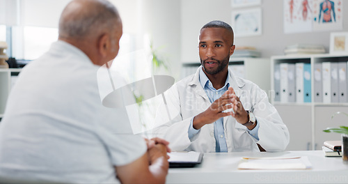 Image of Doctor, patient and consultation with conversation for healthcare, people in office with advice or instructions for medication. Treatment, medical info and elderly care with communication at clinic