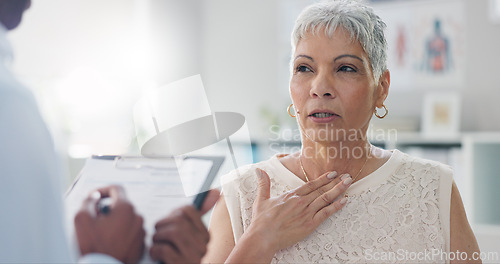 Image of Patient, doctor and throat for consultation advice with clipboard for checklist as inflammation, respiratory or infection. Female person, wellness and assessment or lung illness, cough or healthcare