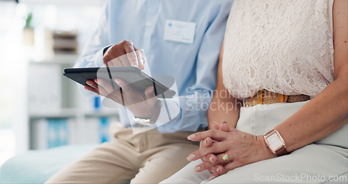 Image of Patient, physiotherapy and hand with tablet for consultation or online assessment for results, recovery or advice. People, clinic and internet for rehabilitation exam for wellness, healing or report