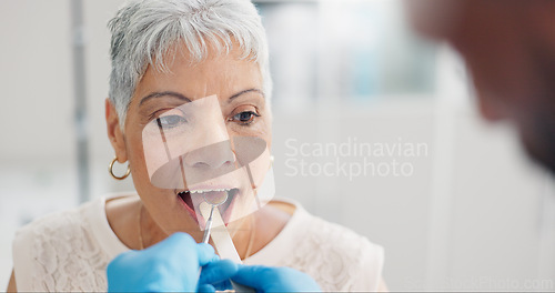 Image of Patient, doctor and tongue depressor for throat assessment in clinic for respiratory infection, inflammation or wellness. Elderly woman, man and mirror for healthcare consultation, diagnosis or exam