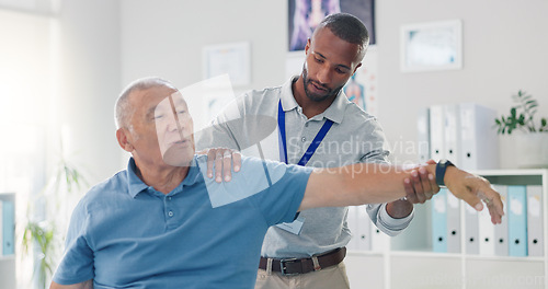 Image of Old man, physiotherapist and arm stretching for training mobility in retirement or rehabilitation, wellness or injury. Elderly person, muscle support and performance help, recovery or consultation