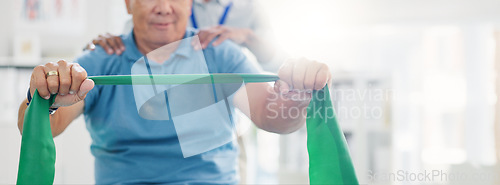 Image of Resistance band, physical therapy and old man with physiotherapist, muscle training and strength with senior care. Health, wellness and people at physio clinic with rehabilitation and equipment