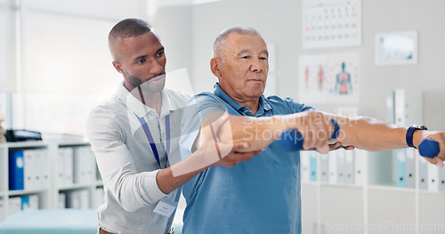 Image of Dumbbells, physical therapy and old man with physiotherapist, muscle training and strength with senior care. Health, wellness and men at physio clinic for weightlifting, rehabilitation and equipment