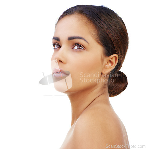 Image of Beauty, thinking and woman in studio with natural, glow and healthy face routine for wellness. Skincare, idea and young female person with facial dermatology treatment by white background with mockup