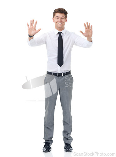 Image of Portrait, business and man with opportunity, hands up and consultant isolated on a white studio background. Face, person and employee with hand gesture and smile with professional, review and welcome