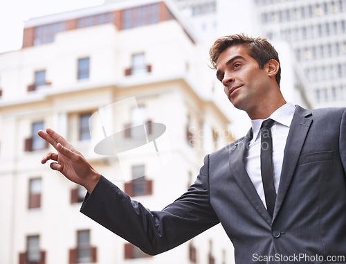 Image of Businessman, travel and taxi hand sign in a city street for morning commute, signal or gesture outdoor. Finger, emoji or lawyer with symbol for metro transportation, cab or bus, service or chauffeur