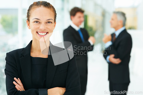 Image of Businesswoman, office and confidence in leadership, portrait and pride for training in meeting. Happy female person, professional and support in team management, mentor and smile for collaboration