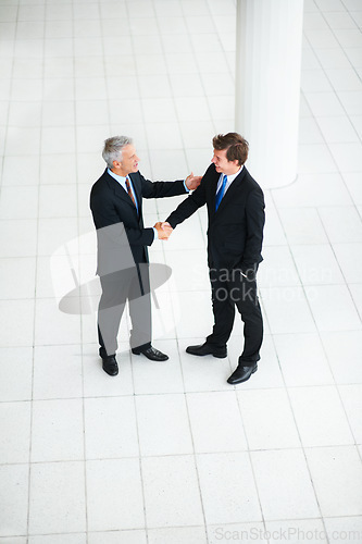 Image of Business people, shaking hands and thank you for interview in introduction, hello and opportunity. Partnership, onboarding and b2b in agreement, top view and promotion in office or collaboration