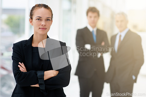 Image of Businesswoman, office and confidence in meeting, portrait and pride for career in company. Serious female person, professional and support in team management, mentor and planning for collaboration