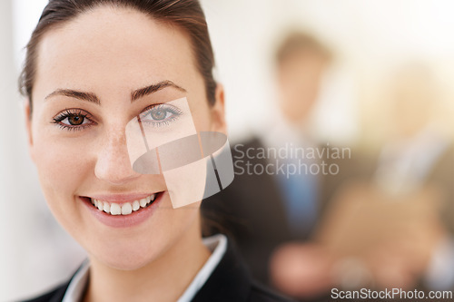 Image of Happy, woman and portrait in office with professional accountant working in financial company with pride. Person, smile and confidence in corporate accounting firm as business advisory in economy
