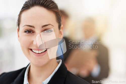 Image of Happy, portrait and woman in office with professional accountant working in financial company with pride. Person, smile and confidence in corporate accounting firm as advisor in business and finance