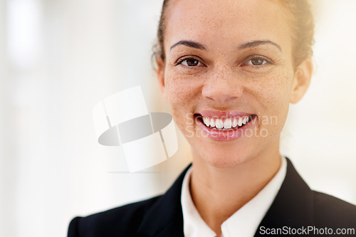 Image of Happy, woman and portrait in office with professional accountant working in financial company with pride. Person, smile and confidence in corporate accounting firm as advisor for business in London