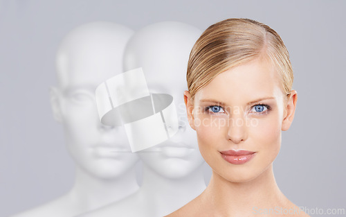 Image of Woman, mannequins and face for identity, beauty and individuality on studio background. Person, skincare and dummy with portrait for creativity and cosmetics or unique ideas for satisfaction and skin