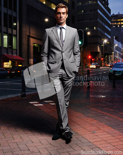 Image of Fashion, night and portrait of business man in city with style, formal clothes and suit in street. Professional, corporate worker and person in town for entrepreneurship, job and career in London