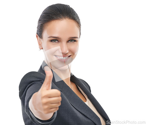 Image of Businesswoman, thumbs up and approval in studio portrait, winner and satisfaction on white background. Female person, thank you and agreement or support, yes and like emoji for motivation or review