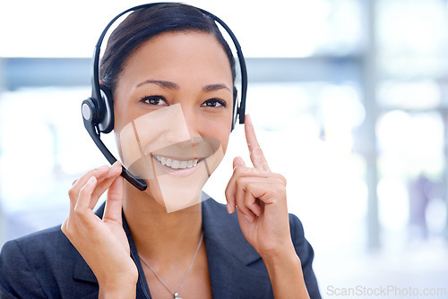 Image of Businesswoman, headset and virtual assistant in portrait, customer service and crm in office. Female person, call centre representative and technical support or networking, hotline and consultant