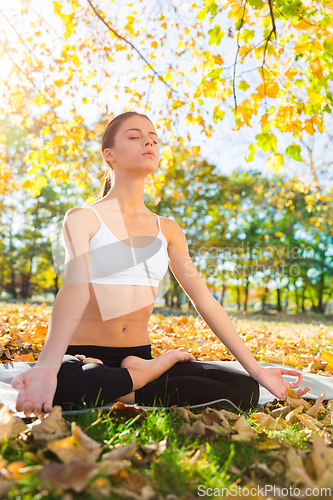 Image of Woman, park and mediation on relaxation with peace for stress relief, break and focus for comfort and wellness. Spirituality, serenity and awareness for selfcare with calm, mindful and positivity.