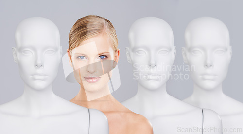 Image of Woman, mannequins and portrait for identity, skincare and individuality on studio background. Person, beauty and dummy with face for creativity and cosmetics or unique ideas for satisfaction and skin
