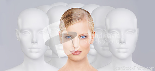 Image of Woman, mannequins and portrait for identity, beauty and individuality on studio background. Person, skincare and dummy with face for creativity and cosmetics or unique ideas for satisfaction and skin