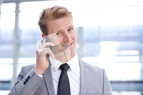 Image of Businessman, phone call and networking or planning in portrait, communication and talk on opportunity. Male person, b2b and smile for discussion on business deal, connection and consulting on agenda