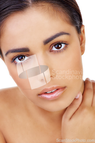 Image of Skincare, face and portrait of woman in studio with natural, glow and healthy routine for wellness. Beauty, cosmetic and young female person with facial dermatology treatment by white background.