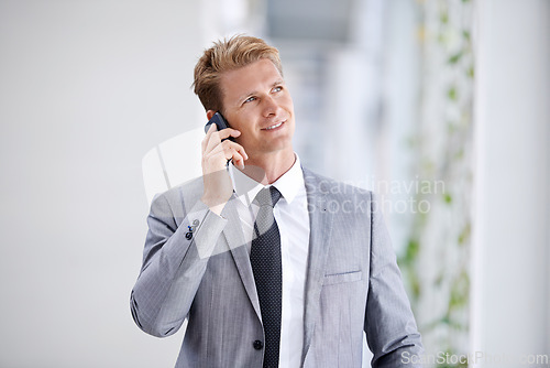 Image of Thinking, listening or businessman on a phone call talking, networking or speaking of ideas in workplace. Vision, mobile communication or entrepreneur in conversation for negotiation, chat or offer