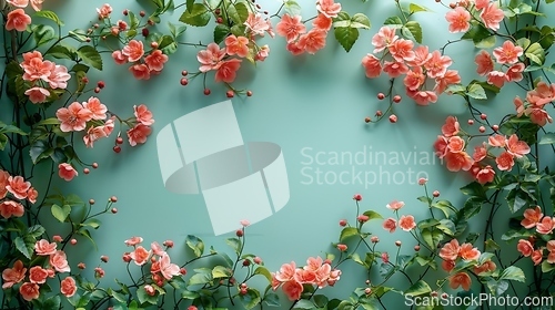 Image of Floral frame with pink flowers, green leaves on a blue background