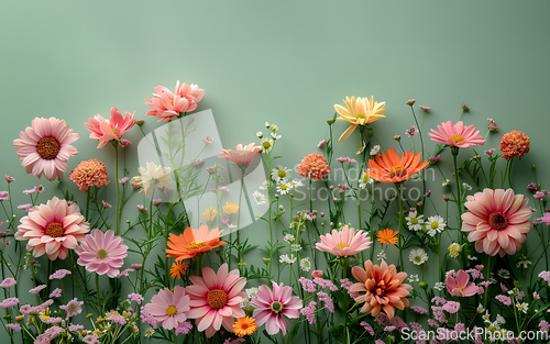 Image of Beautiful spring flowers on light green paper background. top view