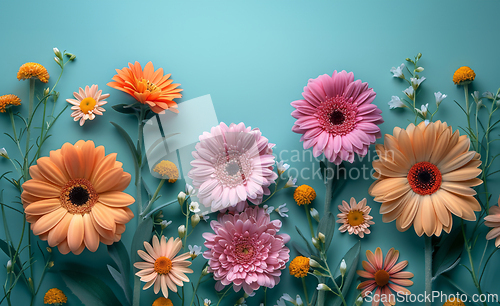 Image of a bunch of different types of flowers on a blue background