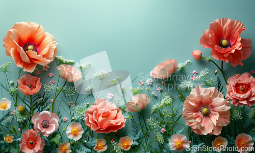 Image of Beautiful spring flowers on light green paper background
