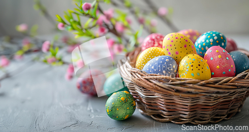 Image of Easterthemed wicker storage basket filled with colorful eggs