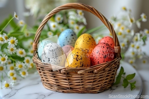 Image of Easterthemed wicker basket with colorful eggs on table