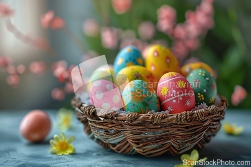 Image of A wicker basket filled with colorful Easter eggs on a wooden table