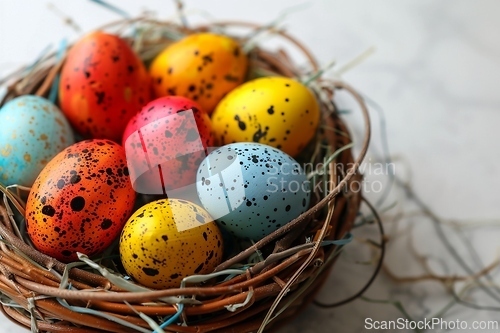 Image of A birds nest with eggs on a twig, resembling a basket of colorful Easter eggs