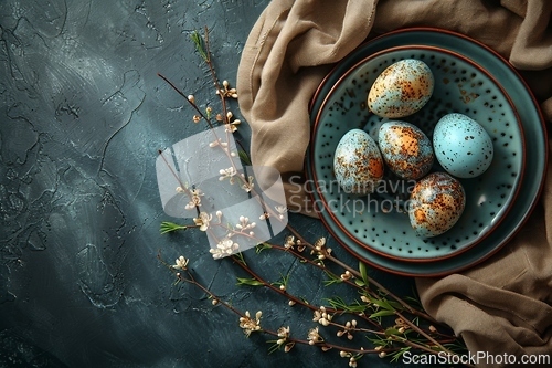 Image of Easter banner with painted eggs and napkin on dark backround