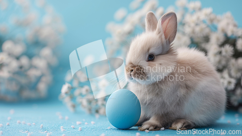 Image of Cute Bunny With Blue Easter Egg on Pastel Background