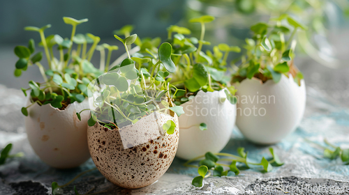 Image of Group of eggs with sprouts growing out, resembling houseplants in flowerpots