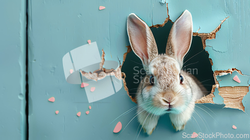 Image of Curious Bunny Peeking Through a Blue Wooden Hole