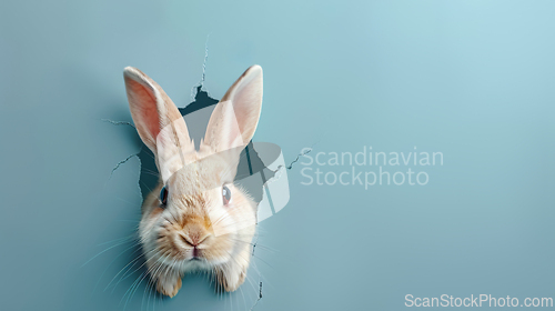 Image of Cute Bunny Peeking Through a Hole on Blue Background