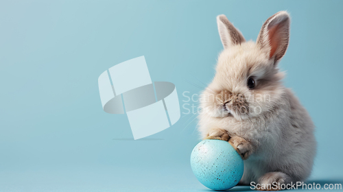 Image of Adorable Bunny With a Pastel Easter Egg on Blue