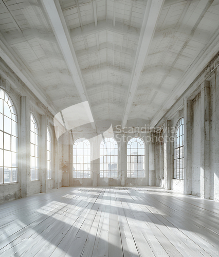 Image of Spacious hall with wooden floors, lots of windows, and symmetrical fixtures