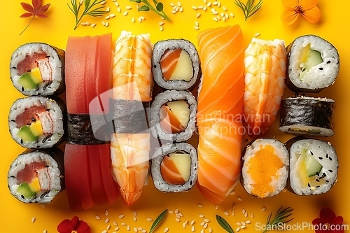 Image of Assorted Sushi Set on Vibrant Yellow Background